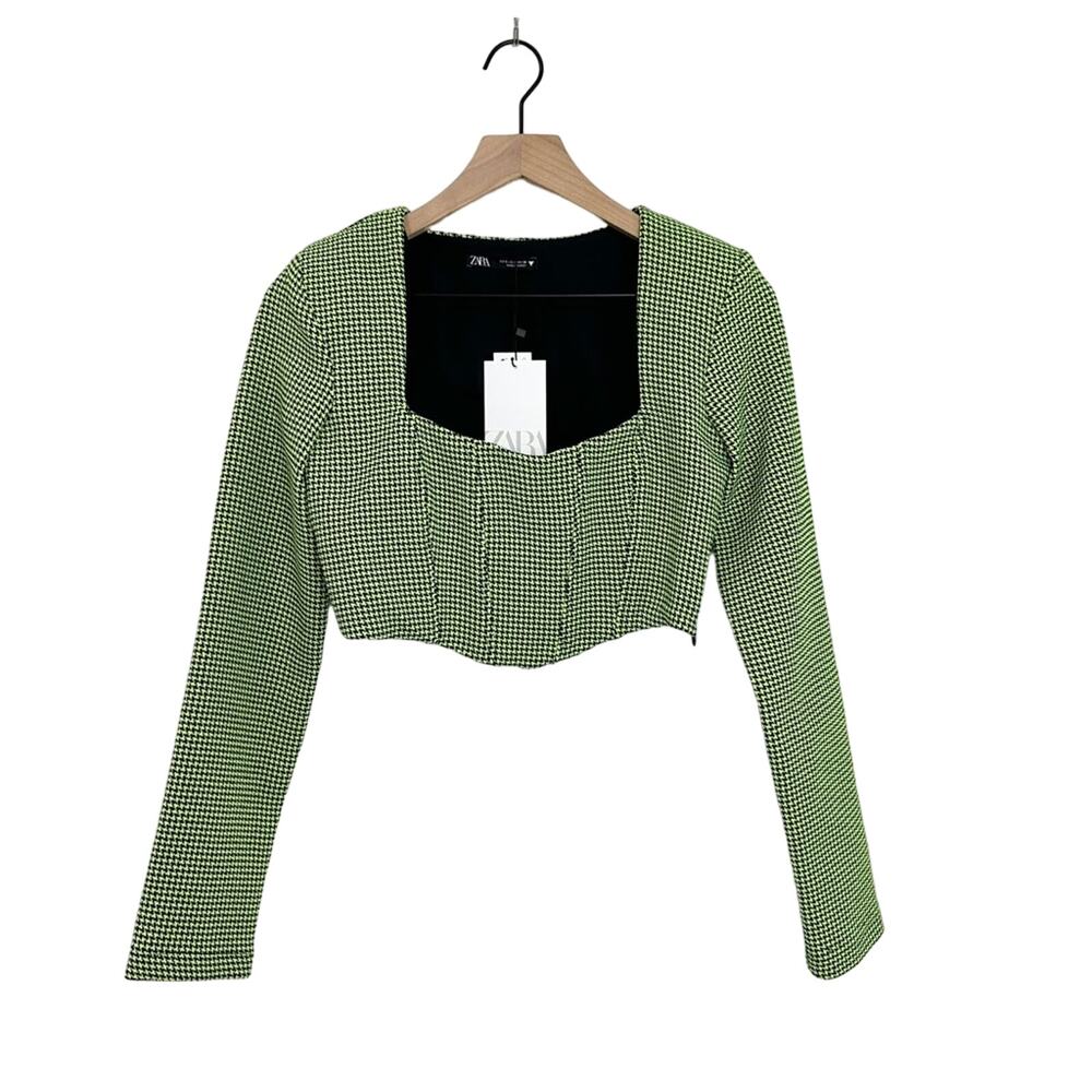 NWT Zara Houndstooth Neon Green Corset Bustier Crop Top Size small - Picture 3 of 12